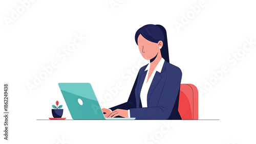 A person in a business suit is seated at a table, focused on a laptop. A small potted plant sits nearby. The setting is simplistic