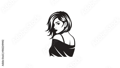 A monochrome illustration features a woman looking over her shoulder. Her hair and clothing are shaded, with a minimalist style