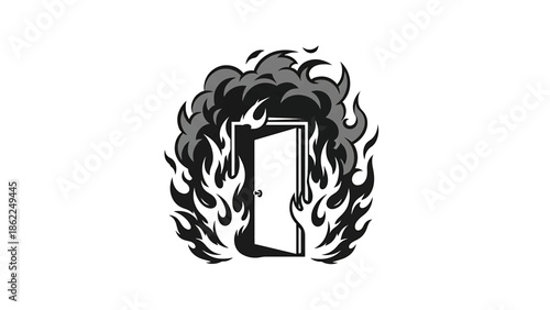 A monochrome illustration features an open door engulfed in flames. Smoke billows above it. The scene conveys intense heat and destruction