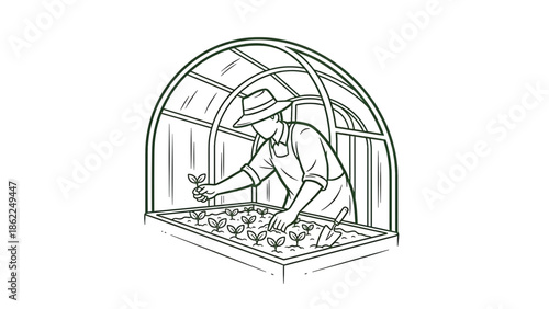 A person in a hat and apron tending to plants in a greenhouse, using a trowel. The structure has an arched roof