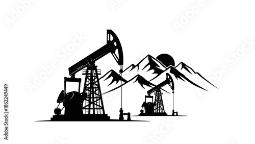A monochrome illustration features oil pumps silhouetted against mountains and a sun. Pumps have gears, and the landscape is stark
