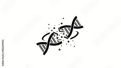 A monochrome illustration features two intertwined, broken strands with dotted and star-shaped elements scattered around. The design presents a biological concept on a white background