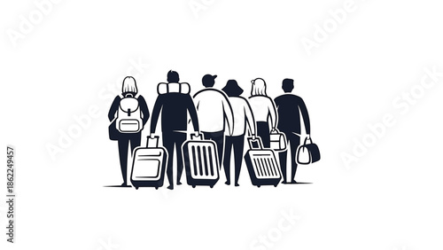 A monochrome illustration features six silhouetted figures with luggage, depicted from the rear, possibly waiting. They are all together, suggesting a departure or gathering