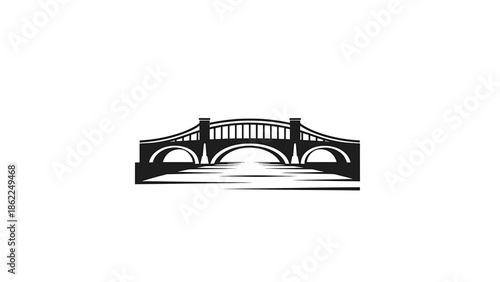 A monochrome illustration of a bridge over water, featuring arches, pillars, and a roadway, presented in a minimalist style