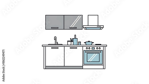 A line drawing of a kitchen, showing cabinetry, sink, stove, extractor, and various kitchen items. The image is clean