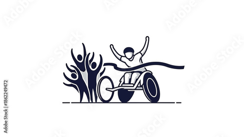 A line drawing of a person in a wheelchair crossing a finish line. A group of cheering people is shown nearby, celebratory