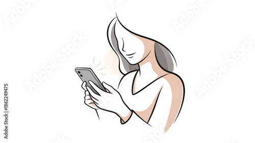 A line-art illustration shows a woman holding a smartphone with light radiating from it. She is smiling, and her hair is flowing