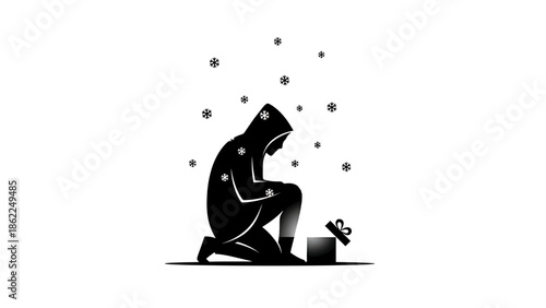 A person in a hooded coat kneels near an open gift box in a snowstorm. White background. Black figure and snowflakes
