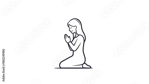 A line drawing of a woman kneeling with her hands clasped in front of her face, appearing in prayer. The image has a simple, minimalist style