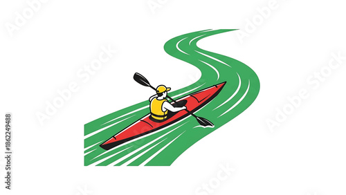 A person in a kayak paddles down a winding green river. They wear a yellow vest and hat. The boat is red and black