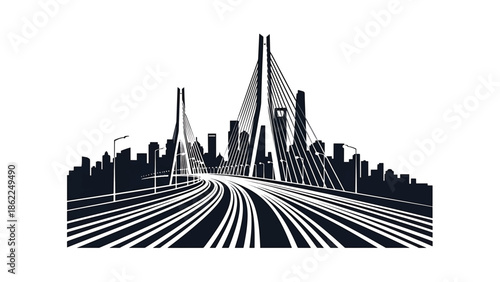 A monochrome illustration of a cable-stayed bridge leading towards a cityscape. The road curves, leading the eye to buildings. Streetlights line the way