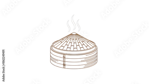 A line-drawing illustration of a food steamer, with a conical lid and round base, emitting wisps of steam. The overall aesthetic is minimalist