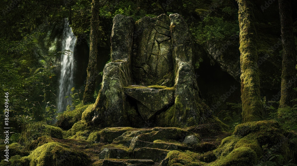 Fototapeta premium Stone throne in mossy forest, waterfall background; fantasy backdrop