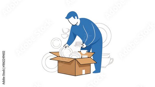 A person in blue removes dishes and cups from a cardboard box. Outline images of cups and plates are in the background