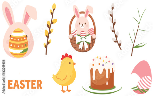 Easter decorative set featuring cute bunnies in baskets colorful eggs a yellow chick and traditional holiday cakes