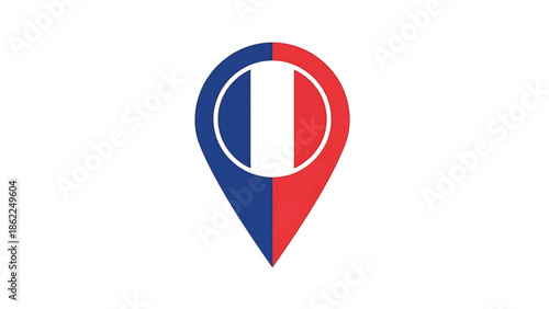 A location pin, with a circular emblem featuring vertical stripes of blue, white, and red. The pin is bisected by the same flag colors