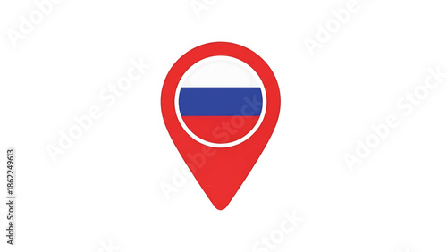 A location pin, red in color, with a white circle around a flag. The flag is designed with white, blue, and red horizontal stripes