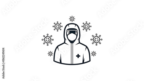 A person in protective gear surrounded by stylized virus particles, emphasizing health safety and disease prevention. The image is a stark black and white line drawing
