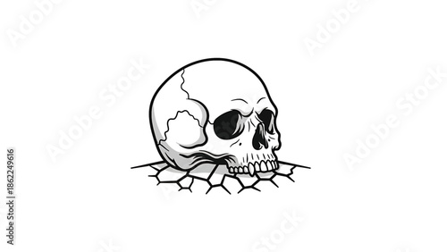 A monochrome illustration of a skull emerging from cracked ground, symbolizing mortality and the afterlife, on a white background