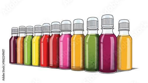 A line of colorful bottles filled with various juices, arranged in a row with white backgrounds. Each is capped with a silver lid