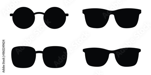 Sunglasses shape black ocular round cartoon illustration icon, black flat eyeglass design, stylish eyewear symbol, vector sticker for fashion