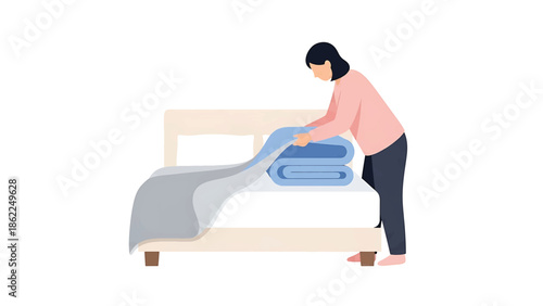 A person in casual clothing is folding a blue blanket over a white bed, completing the bed set-up in a simple style