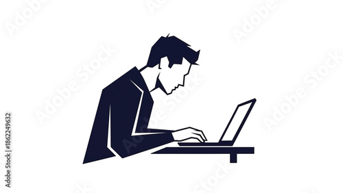 A person in silhouette working on a portable computer. They are hunched over, typing, and the screen is open. Clean white background