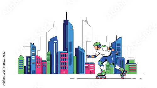 A person in safety gear rollerblades past a colorful city skyline on a clean, white background