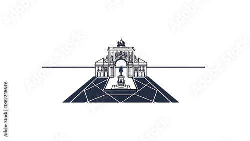 A linear architectural illustration of an archway with a statue and geometric plaza. A simple horizontal line cuts through