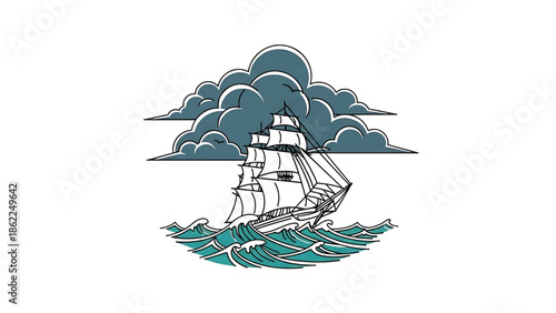 A linear art depiction of a ship sailing on the sea under a moody, grey sky, waves rolling beneath it, evocative of travel