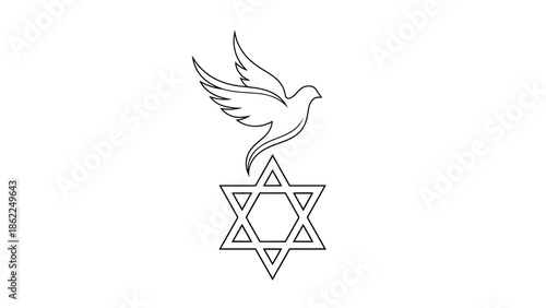 A linear artwork depicting a dove with outstretched wings above a six-pointed star, isolated on a white backdrop