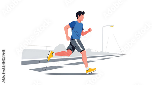 A person in sportswear is running on a street with a street lamp and buildings in the background. Flat illustration