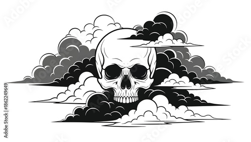 A monochrome illustration of a skull emerging from stylized clouds. The artwork uses various shades of gray and black with intricate detailing