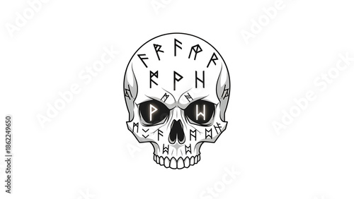 A monochrome illustration of a skull with runic symbols on the forehead and etched into the bone structure, with letters in eyes