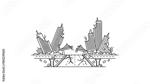 A linear artwork depicts a city in ruins, with skyscrapers crumbling, a broken bridge, and a damaged road, alluding to devastation