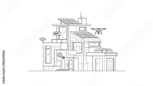 A linear architectural illustration of a modern house, showing smart home technology. Includes solar panels, wifi, drone, and gears