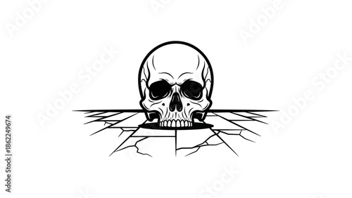 A monochrome illustration of a skull emerging from a cracked, tiled surface, conveying a sense of mortality and decay