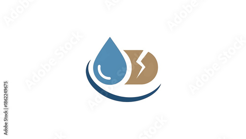 A logo depicts a stylized water droplet and a cracked object, possibly representing damage. The water droplet is blue
