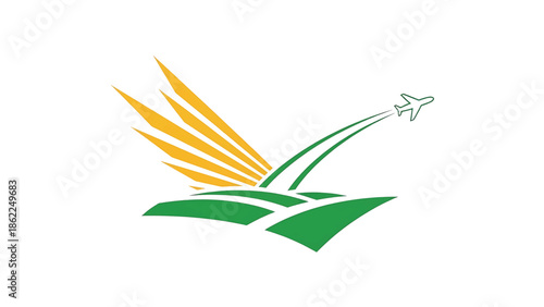 A logo depicts stylized fields with sunbeams and a plane taking off, rendered in shades of green and yellow on a white background