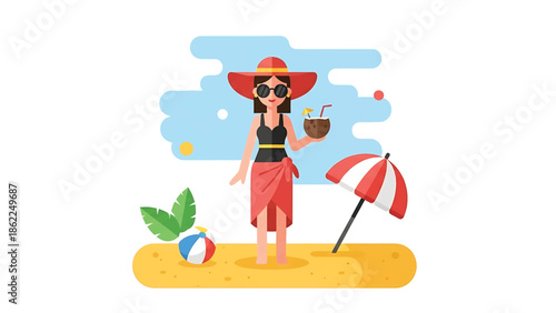 A person in swimwear, sun hat, and sarong stands on a sandy beach holding a coconut drink, with a beach umbrella, beach ball, and leaves
