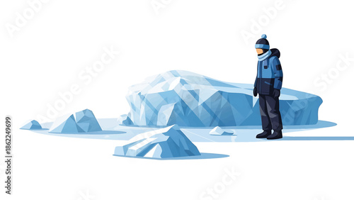 A person in winter gear stands next to icy formations. Light blue icebergs and figures on a white surface, with shadows