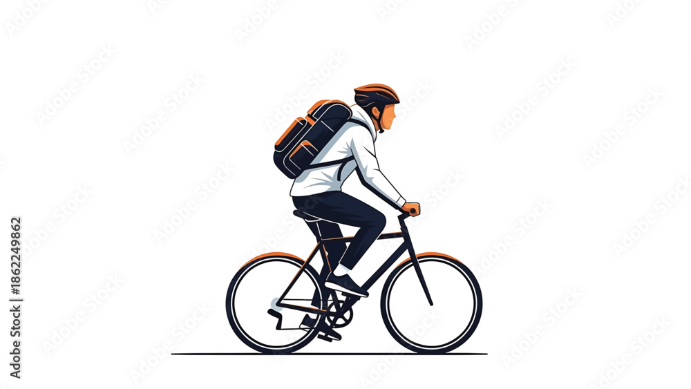 Obraz premium A person rides a bicycle with a backpack, wearing a helmet, and a jacket. It's a clean graphic on a white background with orange and black accents