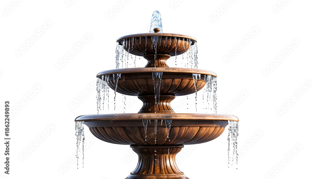 Obraz premium A three-tiered wooden fountain with cascading water, set against a black background