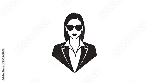 A monochrome illustration presents a stylized woman wearing sunglasses and a blazer over a collared shirt. Her features are simplified