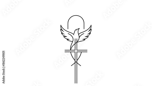A linear black line drawing featuring a dove with open wings above a cross, with a surrounding arched line above the bird