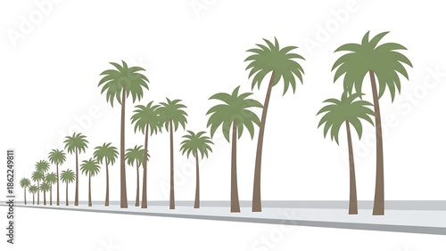 A linear composition of cartoon palm trees along a road, some near and some receding into the distance. The illustration is on a stark white background