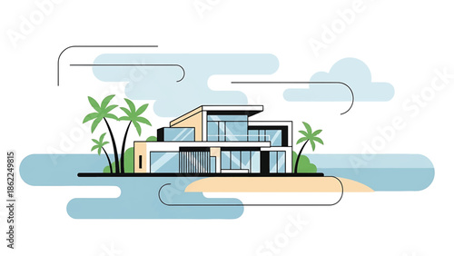 A modern house is illustrated on a beach with palm trees and ocean, stylized with rounded shapes and lines, a minimalist approach