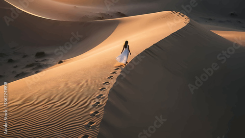 A lone figure, dressed in flowing white, ascends a sun-drenched dune, leaving footprints in the textured, golden sand. Shadows deepen the dramatic landscape