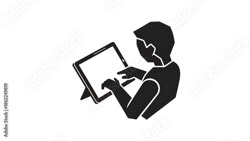 A person, rendered in monochrome, is depicted interacting with a tablet-style device, focusing on its screen. The figure is shown from the side