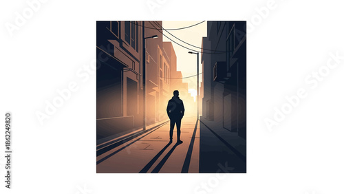 A lone figure stands on a street facing the sun, city buildings and streetlights line the road as the sun is rising or setting